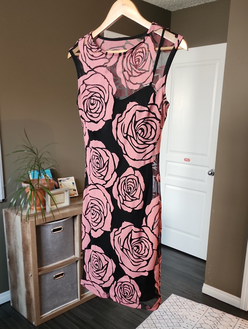 Mystic Black Dress with Pink Rose Print and Mesh Yoke